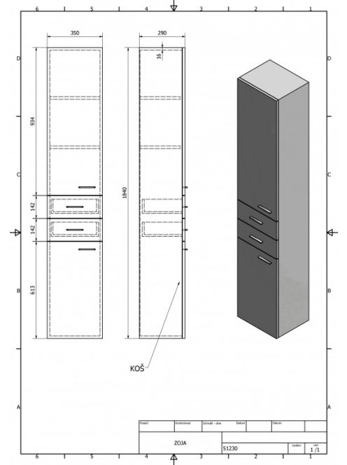 Aqualine ZOJA álló szekrény fiókkal, szennyeskosárral 35x184x29 cm, bal, 51230