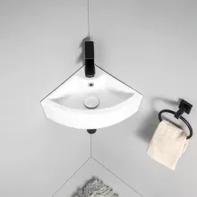   Arezzo design Norman fali porcelán sarok kézmosó 46x32 cm csaplyukkal és túlfolyóval, fényes fehér AR-184A