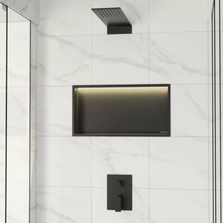 Balneo WALL-BOX One négyzet alakú süllyesztett polc 60x30x10 cm méretben, LED világítással, matt fekete kivitelben