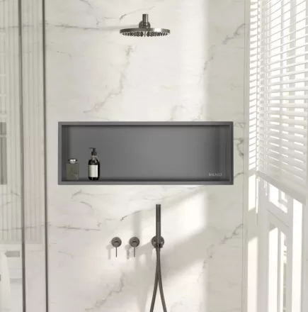 Balneo WALL-BOX ONE süllyesztett inox fali polc peremmel, 90x30x7 cm gun metal színben