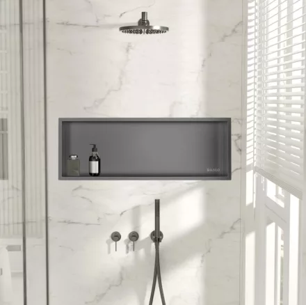 Balneo WALL-BOX ONE süllyesztett inox fali polc peremmel, 90x30x10 cm gun metal színben