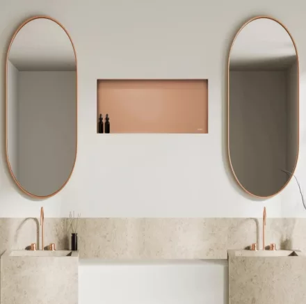 Balneo WALL-BOX keret nélküli süllyesztett fali polc 90x30x10 cm méretben, elegáns réz kivitelben