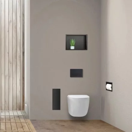 Balneo Wall Box S falba süllyeszthető WC kefe tároló doboz matt fekete üveg előlappal és push-open nyitással