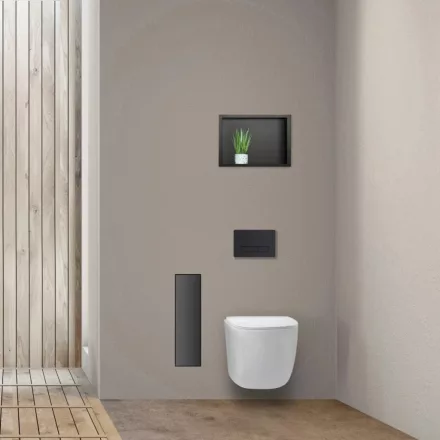 Balneo Wall Box L falba süllyeszthető WC kefe tároló doboz matt fekete üveg előlappal és push-open nyitással