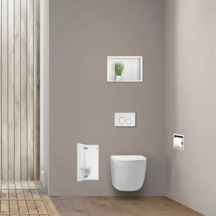 Balneo Wall Box S falba süllyeszthető WC kefe tároló doboz fehér üveg előlappal és push-open nyitással