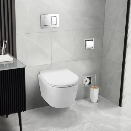 Balneo LUXA fali Rimless kerámia WC csésze fényes fehér Duroplast ülőkével SoftClose zsanérokkal