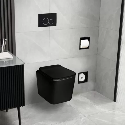 Balneo Luga szögletes fali WC Rimless matt fekete kerámia SoftClose ülőkével
