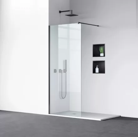Balneo Beira Walk-in zuhanyfal 50x200 cm átlátszó üveggel és vágható merevítővel, matt fekete profilszín.