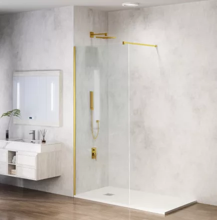 Balneo Beira Walk-in zuhanyfal 50x200 cm átlátszó üveggel és vágható merevítővel, arany profilszín.