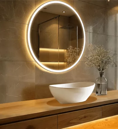 Balneo SUN 60 kerek LED tükör Loren 42x33 cm pultra tehető mosdótállal és krómozott leeresztővel