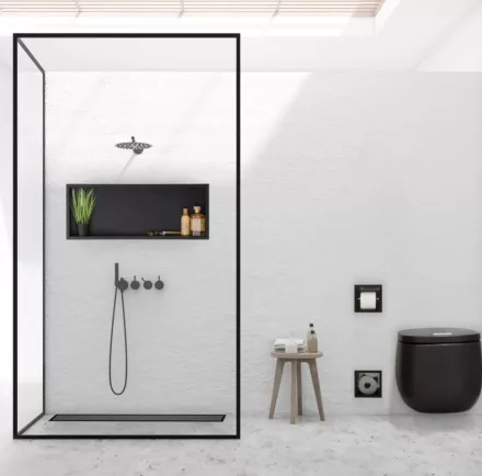 Balneo WALL-BOX ONE süllyesztett inox fali polc peremmel, 90x30x10 cm matt fekete színben