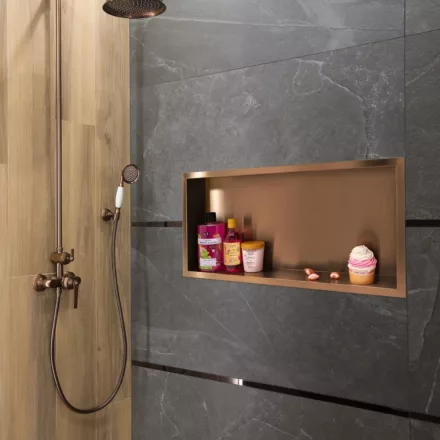 Balneo WALL-BOX négyzet alakú süllyesztett fali polc 60x30x10 cm méretben, elegáns réz kivitelben