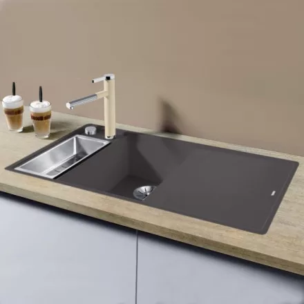 Blanco Axia III 6 S-F palaszürke Silgránit mosogató excenterrel, fa vágódeszkával, balos 524664