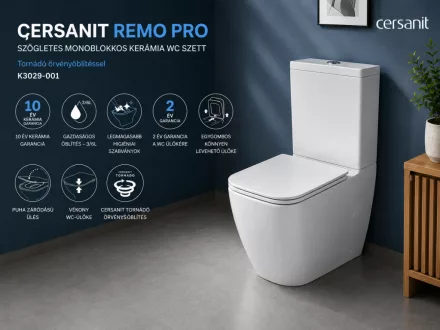 Cersanit Remo Pro Square kompakt monoblokkos kerámia WC szett Tornado örvényöblítéssel.