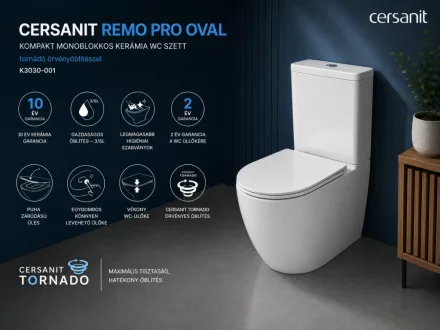 Cersanit Remo Pro Oval kompakt monoblokkos kerámia WC szett Tornado örvényöblítéssel.