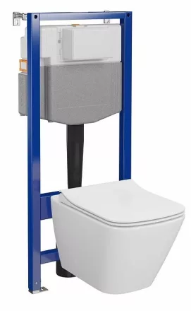 Szögletes kialakítású fali WC csésze duroplast ülőkével és beépíthető falsík alatti tartállyal, komplett szerelőkerettel.
