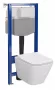 Szögletes kialakítású fali WC csésze duroplast ülőkével és beépíthető falsík alatti tartállyal, komplett szerelőkerettel.