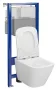 Szögletes kialakítású fali WC csésze duroplast ülőkével és beépíthető falsík alatti tartállyal, komplett szerelőkerettel.
