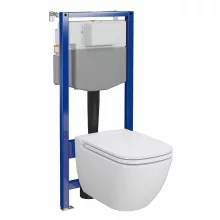 Szögletes fali WC csésze duroplast ülőkével, beépíthető falsík alatti tartállyal és szerelőkerettel, fehér kivitelben.