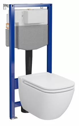 Szögletes fali WC csésze duroplast ülőkével, beépíthető falsík alatti tartállyal és szerelőkerettel, fehér kivitelben.