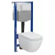 Szögletes fali WC csésze duroplast ülőkével, beépíthető falsík alatti tartállyal és szerelőkerettel, fehér kivitelben.