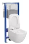 Szögletes fali WC csésze duroplast ülőkével, beépíthető falsík alatti tartállyal és szerelőkerettel, fehér kivitelben.