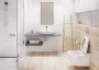 Szögletes fali WC csésze duroplast ülőkével, beépíthető falsík alatti tartállyal és szerelőkerettel, fehér kivitelben.