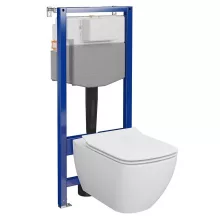 Ívelt fali WC csésze duroplast ülőkével, beépíthető falsík alatti tartállyal és szerelőkerettel, fehér kivitelben.