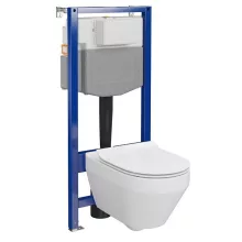 Ívelt fali WC csésze duroplast ülőkével, beépíthető falsík alatti tartállyal és szerelőkerettel, fehér kivitelben.