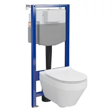 Ívelt fali WC csésze duroplast ülőkével, beépíthető falsík alatti tartállyal és szerelőkerettel, fehér kivitelben.