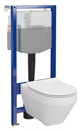 Ívelt fali WC csésze duroplast ülőkével, beépíthető falsík alatti tartállyal és szerelőkerettel, fehér kivitelben.