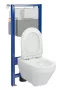 Ívelt fali WC csésze duroplast ülőkével, beépíthető falsík alatti tartállyal és szerelőkerettel, fehér kivitelben.