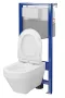 Ívelt fali WC csésze duroplast ülőkével, beépíthető falsík alatti tartállyal és szerelőkerettel, fehér kivitelben.