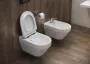 Ívelt fali WC csésze duroplast ülőkével, beépíthető falsík alatti tartállyal és szerelőkerettel, fehér kivitelben.