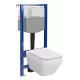 Szögletes fali WC csésze duroplast ülőkével, beépíthető falsík alatti tartállyal és szerelőkerettel, fehér kivitelben.