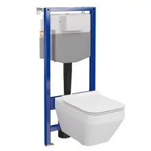 Szögletes fali WC csésze duroplast ülőkével, beépíthető falsík alatti tartállyal és szerelőkerettel, fehér kivitelben.