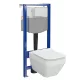 Szögletes fali WC csésze duroplast ülőkével, beépíthető falsík alatti tartállyal és szerelőkerettel, fehér kivitelben.