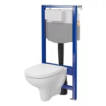Ívelt formájú fali WC csésze duroplast ülőkével, falsík alatti tartállyal és szerelőkerettel, fehér kivitelben.