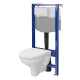 Ívelt formájú fali WC csésze duroplast ülőkével, falsík alatti tartállyal és szerelőkerettel, fehér kivitelben.