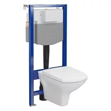 Szögletes kialakítású fali WC csésze duroplast ülőkével, beépíthető falsík alatti tartállyal és szerelőkerettel, fehér kivitelben.