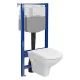 Szögletes kialakítású fali WC csésze duroplast ülőkével, beépíthető falsík alatti tartállyal és szerelőkerettel, fehér kivitelben.