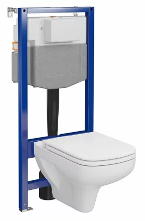 Szögletes kialakítású fali WC csésze duroplast ülőkével, falsík alatti tartállyal és szerelőkerettel, fehér kivitelben.