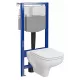 Szögletes kialakítású fali WC csésze duroplast ülőkével, falsík alatti tartállyal és szerelőkerettel, fehér kivitelben.