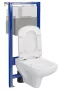Szögletes kialakítású fali WC csésze duroplast ülőkével, falsík alatti tartállyal és szerelőkerettel, fehér kivitelben.