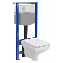 Szögletes kialakítású fali WC csésze duroplast ülőkével, beépíthető falsík alatti tartállyal és szerelőkerettel, fehér kivitelben.