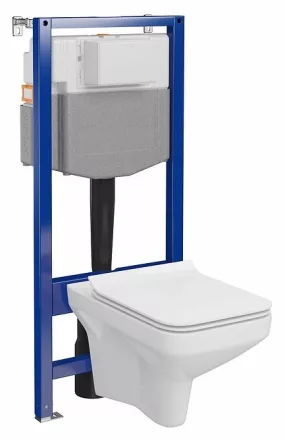 Szögletes kialakítású fali WC csésze duroplast ülőkével, beépíthető falsík alatti tartállyal és szerelőkerettel, fehér kivitelben.