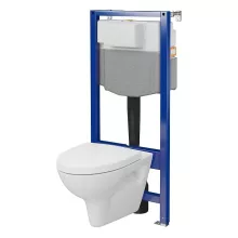 Ívelt kialakítású fali WC csésze duroplast ülőkével, beépíthető falsík alatti tartállyal és szerelőkerettel fehér kivitelben.
