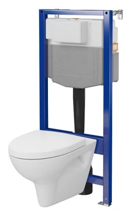 Ívelt kialakítású fali WC csésze duroplast ülőkével, beépíthető falsík alatti tartállyal és szerelőkerettel fehér kivitelben.