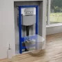 Ívelt kialakítású fali WC csésze duroplast ülőkével, beépíthető falsík alatti tartállyal és szerelőkerettel fehér kivitelben.
