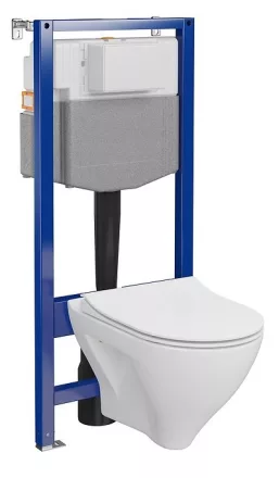 Ívelt fali WC csésze duroplast ülőkével, beépíthető falsík alatti tartállyal és szerelőkerettel, fehér kivitelben.